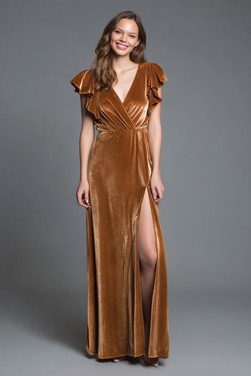 Robe longue formelle en velours brun fendue à une ligne avec manches à volants